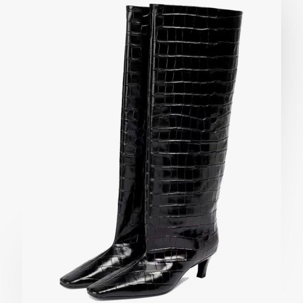 Black Croc-Embossed Heeled Boots